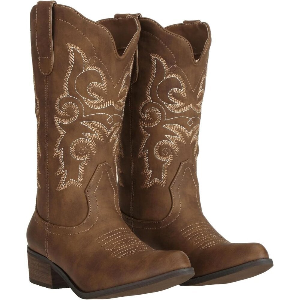 Woman's Distressed Brown Pu leather Cowgirl Mid Wide Calf Western Fashion Boots - Picture 4 of 8